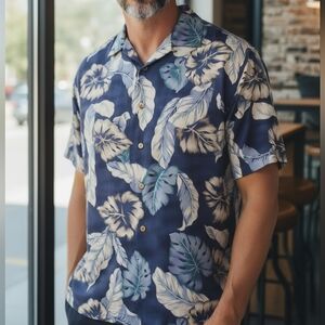 Pussers - 100% Fine Silk, Navy Blue W/ Floral Print,  XL